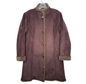 Vintage L.L. Bean Faux Shearling Suede Coat Brown Sherpa Lined XS Petite